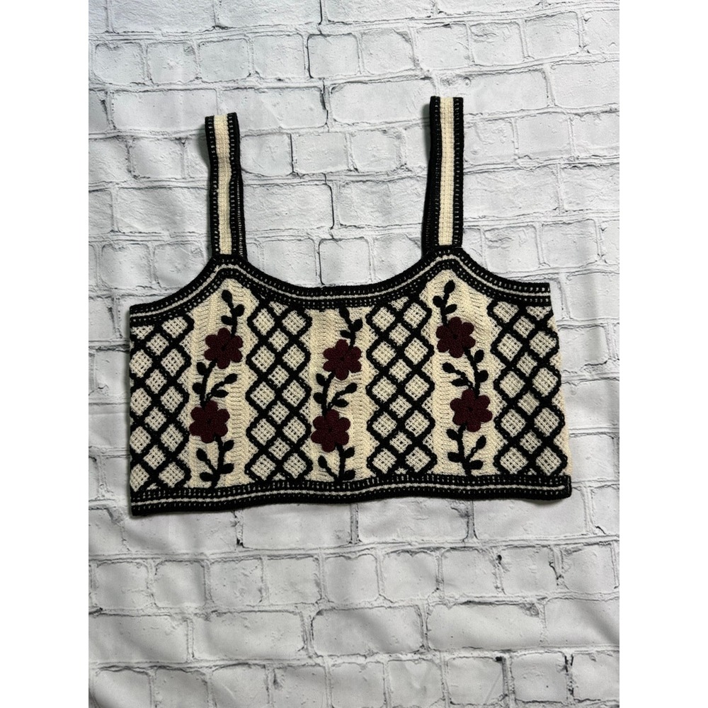 Rihoas Crochet Knit Crop Top Size XS Floral Boho Cottagecore Embroidered Tank